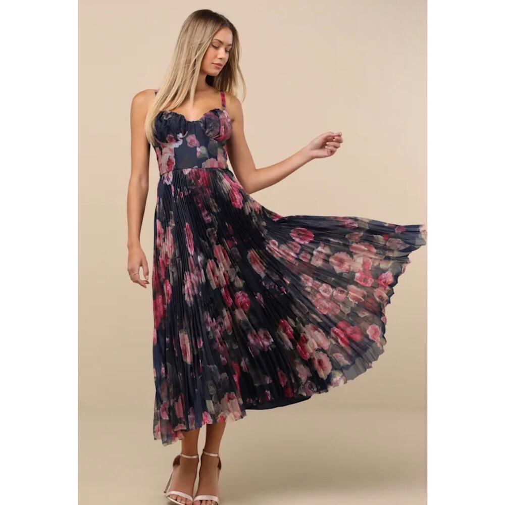 Lulus Alluring Invite Midnight Blue Floral Pleated Bustier Midi Dress XS - Picture 3 of 7
